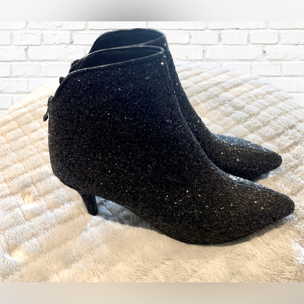 Mavmax Black Glitter Sequin Pointed Toe Kitten Heel Booties